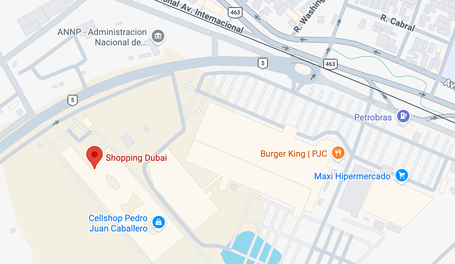 Mapa com a Cellshop Pedro Juan Caballero ao lado do Shopping Dubai